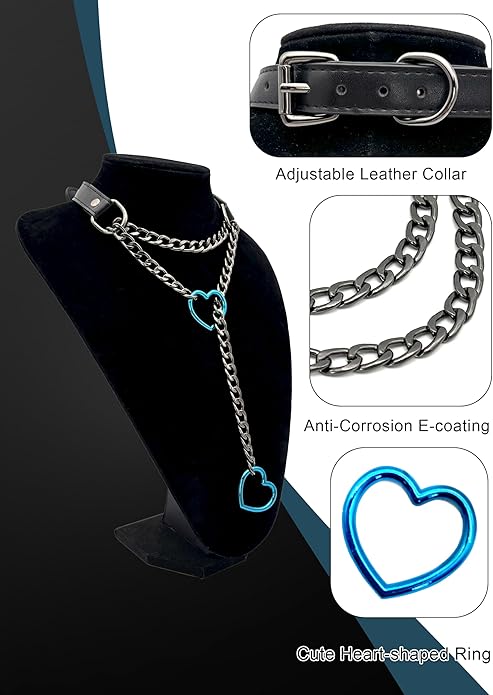 Black Leather Choker Collar For Women, Handmade Heart Slip Chain Choker Long Necklace with Adjustable Buckle