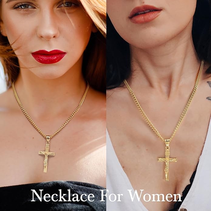 Gold Cross Necklace for Men 14K Gold Cross Necklace for Men Crosses Chain Necklaces for Mens Paired with 4.3mm Cuban Chain Crucifix Pendant Mens Crosses Necklaces 20/22/24in