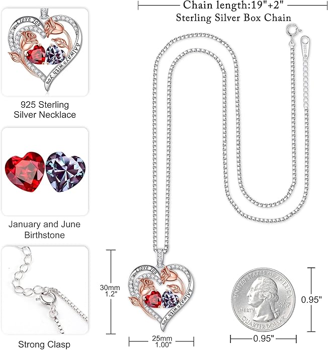 Iefil Birthstone Necklace for Women - 925 Sterling Silver Rose Heart Birthstone Necklace Birthday Anniversary Jewelry Gifts for Her Wife Mom Daughter