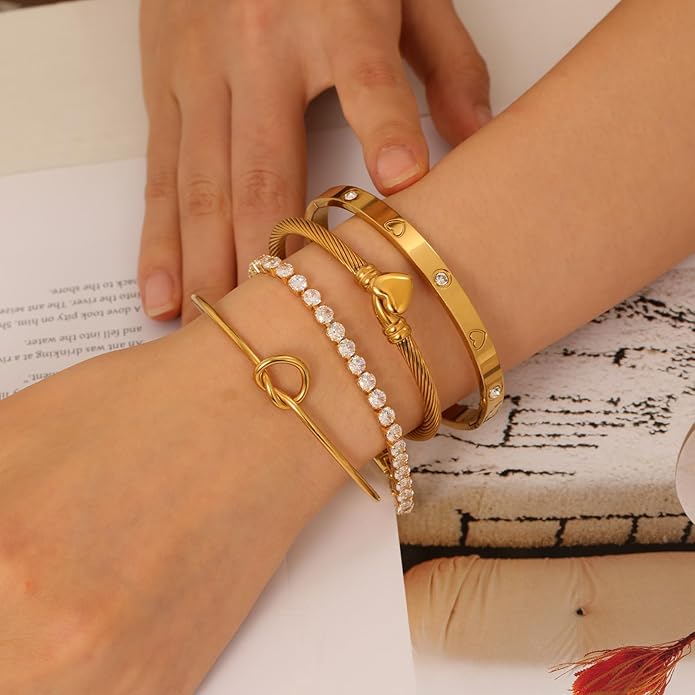 FAFUGA 18 K Gold Plated Love Bangle Bracelet Stack Cuff Jewelry for Women Jewelry Set for Women Gift with Box