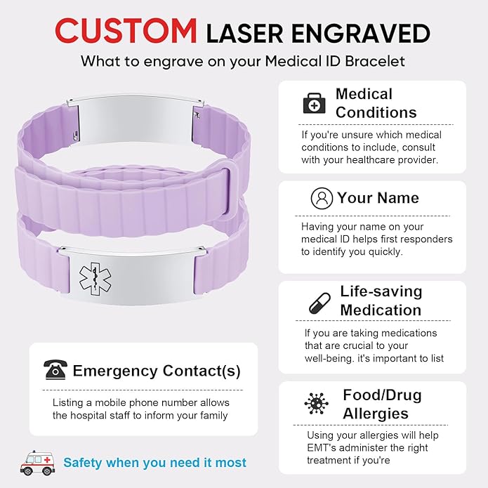 Comfortable Medical ID Bracelet for Men & Women - Custom Engraved Silicone Strap Comfort Fit Medical Alert Bracelets for Sports,Adjustable Waterproof Customizable Wristband for Diabetic