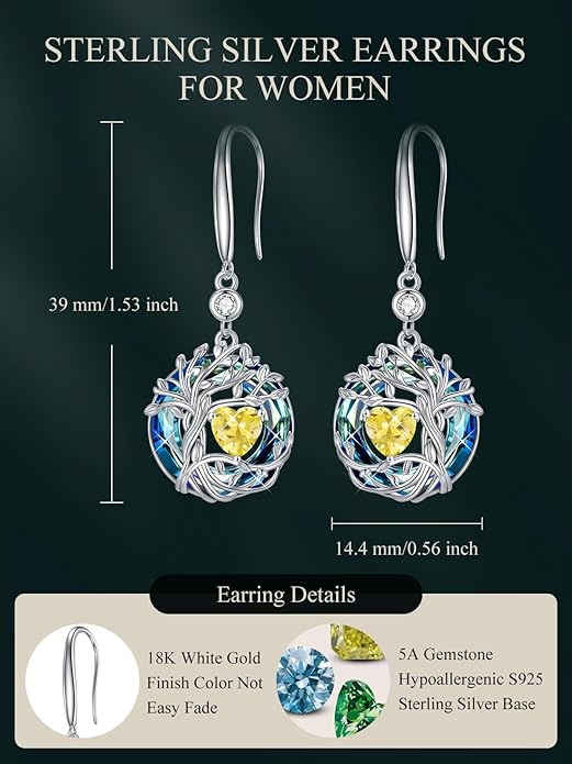TOUPOP Tree of Life Birthstone Earrings for Women 925 Sterling Silver Family Tree Dangle Earrings Austrian Crystal Jewelry Birthday Christmas Gifts for Her Girlfriend Wife Mom