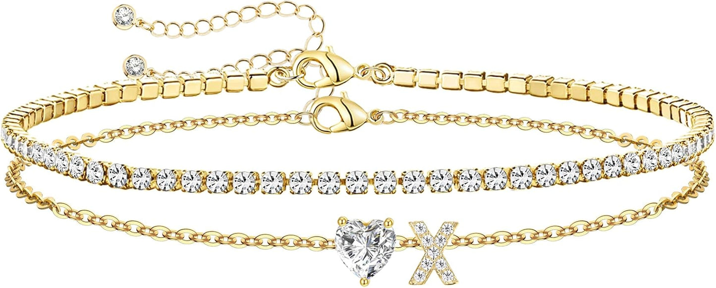 Gold Initial Ankle Bracelets for Women Waterproof 14K Gold Filled Layered Anklets for Women Non Tarnish Women's Anklets Adjustable Large Ankle Summer Beach Foot Jewelry