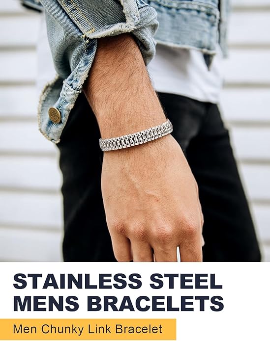 U7 Link Bracelets for Men, Cuban Link/Rope/Watch Band Solid Bracelet, Silver Black Gold Color Wrist Bracelet 3/6/9/12/15mm Width, 6.5/7.5/8.3 Inch Length, Hand Chain Jewelry for Mens Women