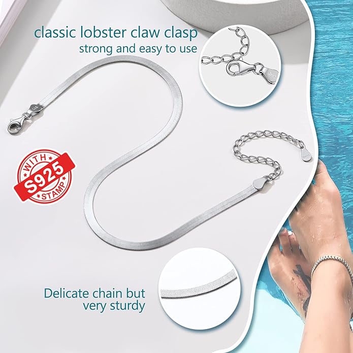 PROSILVER 925 Sterling Silver Ankle Bracelets For Women, Stylish Chain Anklets, Summer Beach Jewelry, 8.6-10.6 Inch Adjustable, Come with Box