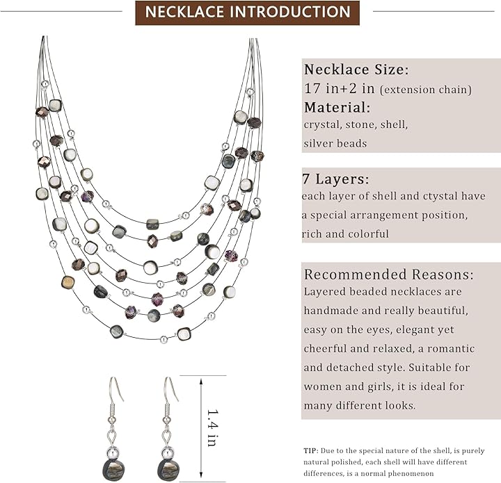 Multi-Layer Boho Shell Beaded Necklace for Women Colorful Crystal Strand with Silver Beads Statement Collars Necklace and Earrings Costumes Jewelry Sets for Women