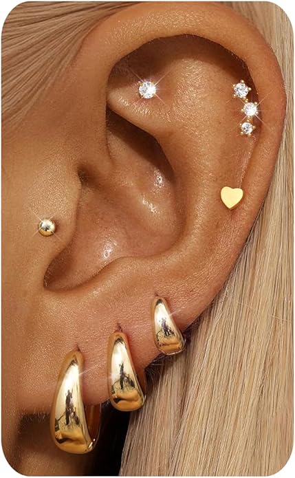 Hypoallergenic 14K Gold Plated Hoop Stud Earrings for Women Surgical Stainless Steel Flat Back Earrings Lightweight Small Chunky Huggie Hoops Cartilage Earring Stacks for Multiple Piercing Women Gifts