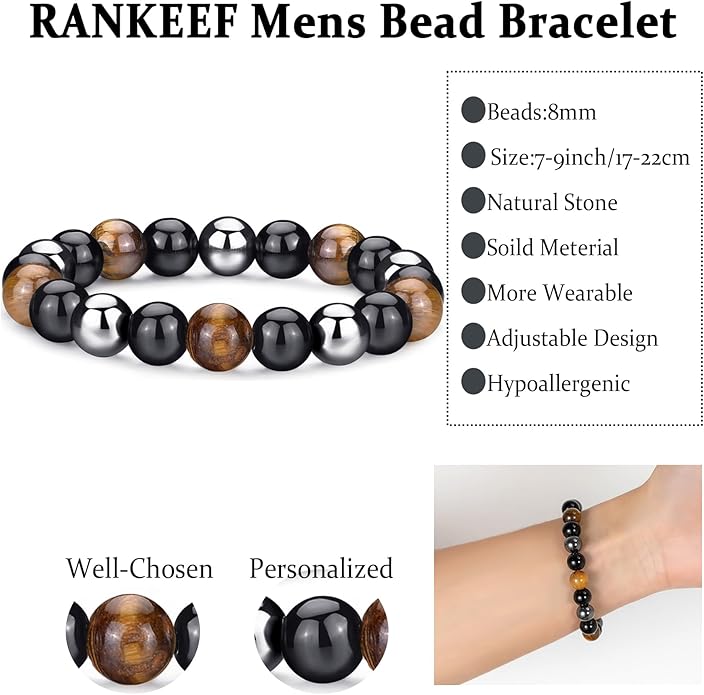 RANKEEF Mens Bead Bracelet Set - Adjustable Elastic Rope With 6&8MM Natural Stone Multi-Colored Beads - Tiger Eye Bracelets for Men - Gift
