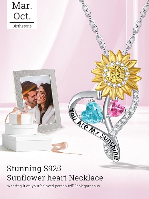 Zeuslia Double Birthstone Necklace Gifts for Wife - 925 Sterling Silver Sunflower/Rose/Crown Cross/Compass/Heart Pendant I Love You Necklace, Anniversary Birthday Gifts for Wife Girlfriend Mom Her
