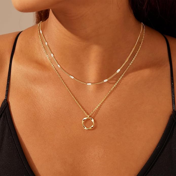 Gold Layered Necklaces for Women 14k Gold Plated Dainty Stackable Choker Necklaces for Women Trendy Layering Chain Cute Pendant Necklace Set Gold Jewelry for Women