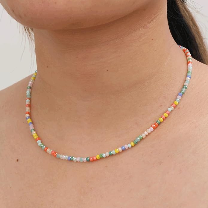 JSJOY Tiny Crystal Beaded Choker Necklaces for Women Colorful Beaded Necklace Dainty Choker Necklaces Simple Boho Jewelry Gifts for Teens Handmade Bead Necklaces Gifts