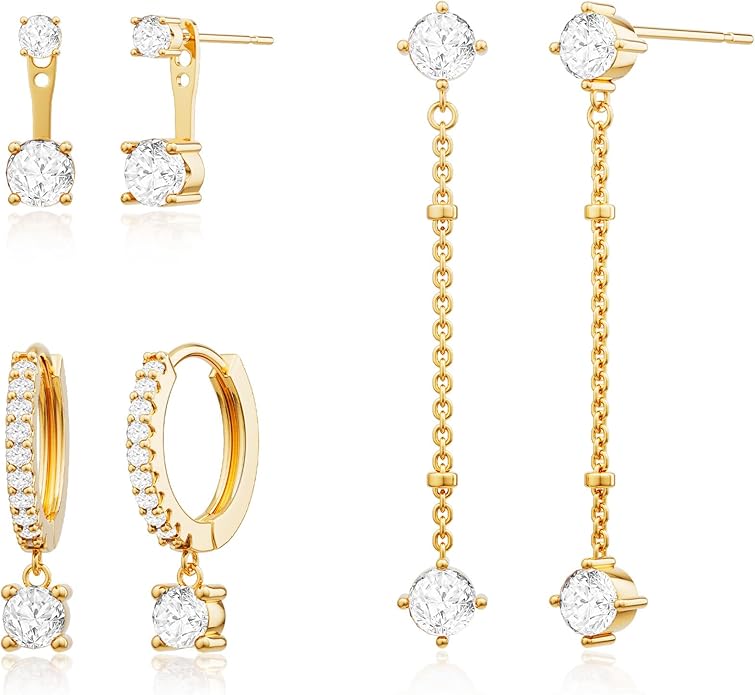 3 Pairs Earrings Set for Multiple Piercings, Gold Plated Studs Hoop Earrings Stack, CZ Dangle Earrings Set, Hypoallergenic for Sensitive Ears, Women's Gift