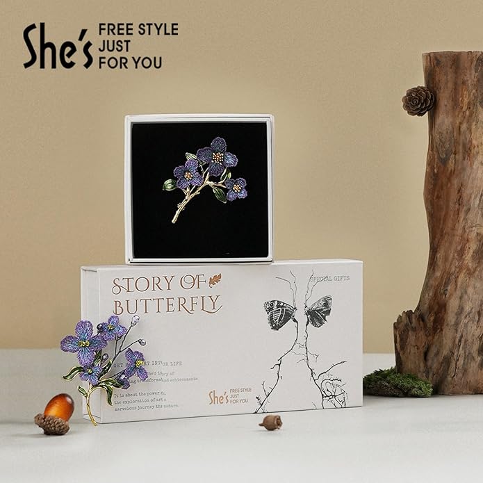 Forget me not Flower Brooch Handmade Gold Thread Embroidered and hand-Drip Enamel leaf, Gradient Botanical Floral Brooch pins for women, SHE'S FREE STYLE JUST FOR YOU [Bencao Gangmu Series]Vintage Plant Jewelry