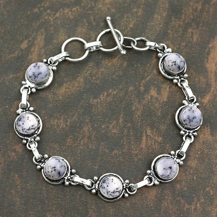 Round Shape Natural & Synthetic Gemstones Silver Plated Bracelets for Women - Vintage Bohemian Style Handmade Birthstone Adjustable Link Bracelet Jewelry Gifts for Wedding Anniversary Mother's Day