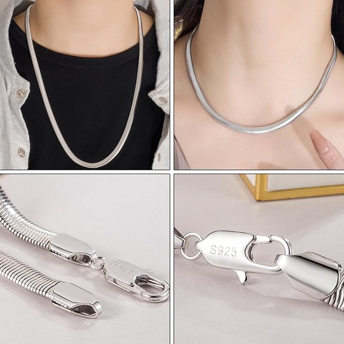 Dankadi Men 925 Sterling Silver Necklace Italian 6MM-8MM Flexible Flat Snake Chain Choker 16-30 Inch 24K Gold plated Fine Jewelry Gifts for Women