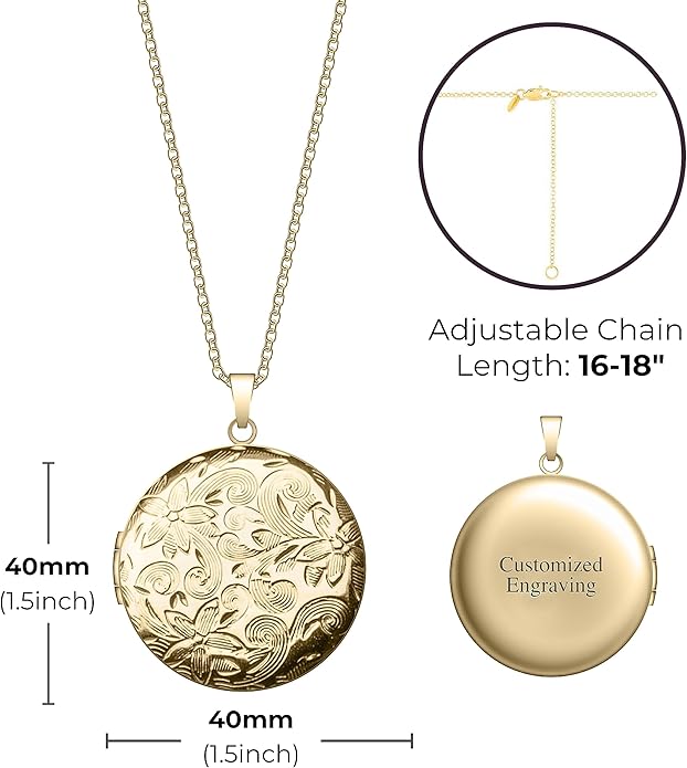 Locket Necklace for Women Girls, 18” Jewelry Chain, Picture Photo Inside, Cadenas para mujer, Personalized Custom Name Gold Locket, Customized Couples Locket, Silver, Rose Gold, Gold