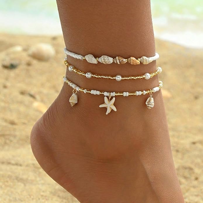 Shell Ankle Bracelet Set for Women, Gold Plated Boho Bead Adjustable Anklet, Hawaiian Beach Seashell Pearl Heart Starfish Conch Foot Jewelry Gifts