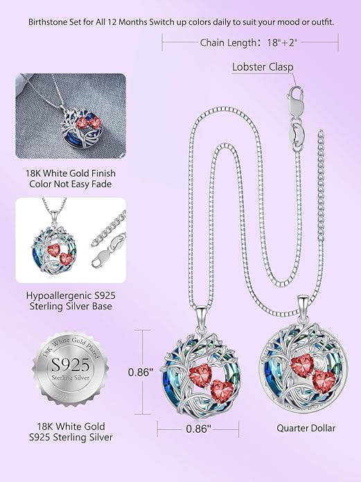 TOUPOP s925 Sterling Silver Family Celtic Tree of Life Pendant Necklaces with 2 Heart Birthstone with Blue Austrian Crystal Jewelry Birthday Anniversary Christmas Gifts for Her Wife Girlfriend Mom (18K Real White Gold Filled)