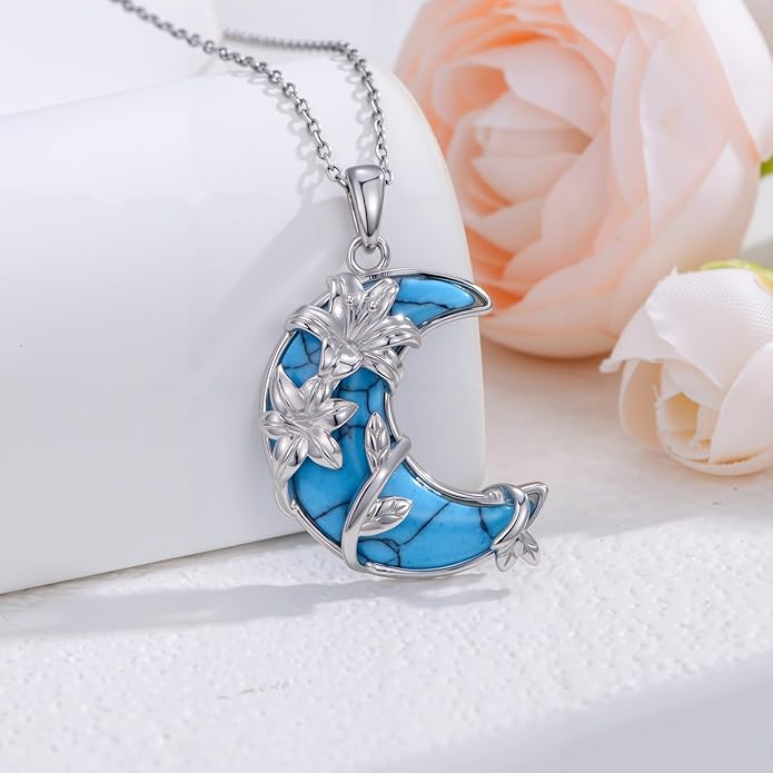 SELKAT 925 Sterling Silver Turquoise Moon Pendant Necklace for Women, Snake/Flower/Bow/Tree of Life/Star Moon Necklace, Dainty Jewelry for Daily Wear & Gifts