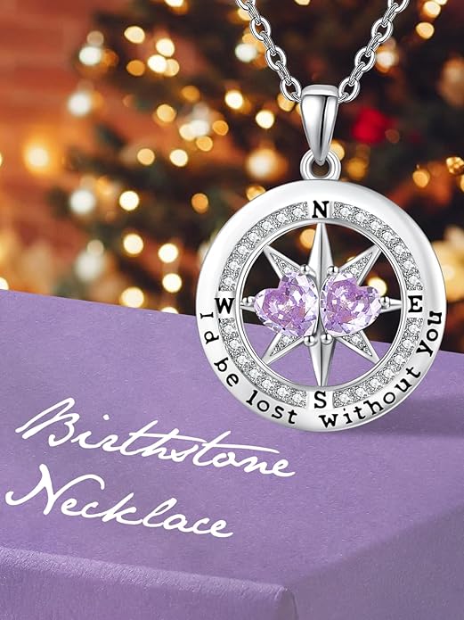 Compass Birthstones Necklace for Women, Exquisite Anniversary Birthday Gifts for Wife Her Double Birthstone Pendant jewelry ‘I'd be Lost Without You’