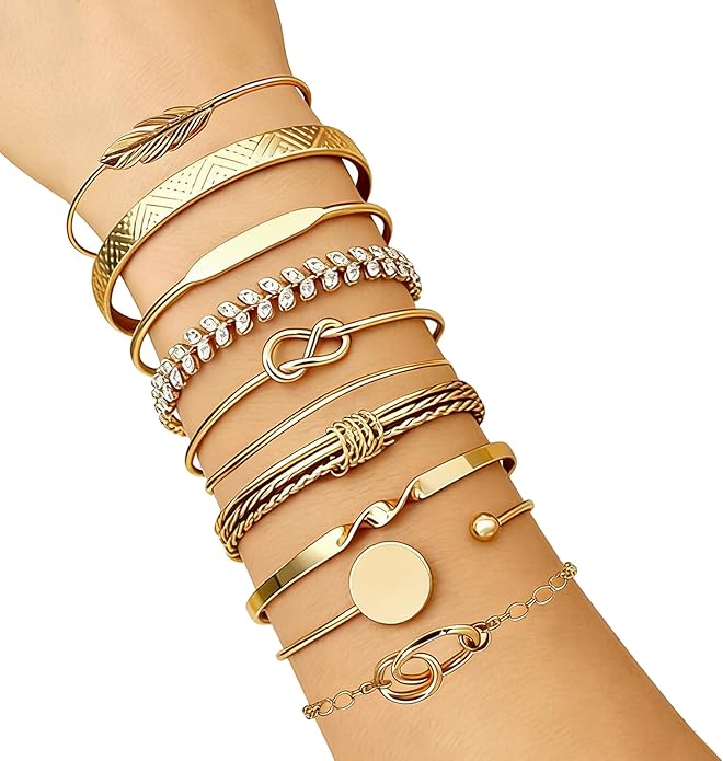 Vocect 10 Pcs Stackable Gold Bracelets for Women Set, 14K Gold Plated Mixed Style Bracelet Set Adjustable Paperclip Chain Cuban Link Beaded Cuff Waterproof Jewelry Sets for Layering Fashion Gifts
