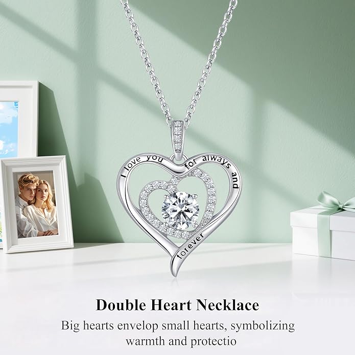 S925 Sterling Silver Necklace for Women, Christams Gift for Women, Love Heart Birthstone Necklaces for Women, Wife Jewelry, Mom Birthday Valentines Mothers Day Gifts, Girlfriend Necklaces, Daughter Heart Jewel, Anniversary for Her