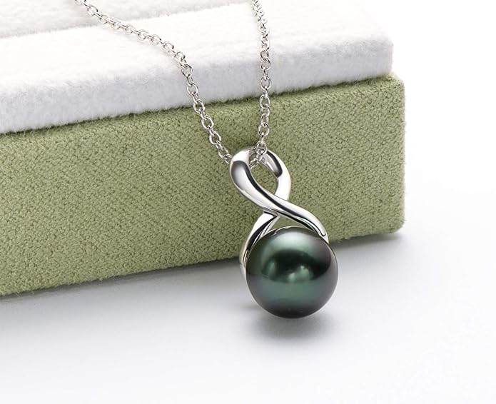 DENGGUANG Tahitian Black Pearl Necklace for Women Genuine 9-10mm Round Tahitian Cultured Pearls Pendant 18K Gold Plated 925 Sterling Silver - Jewelry Gifts for Mom Wife Daughter
