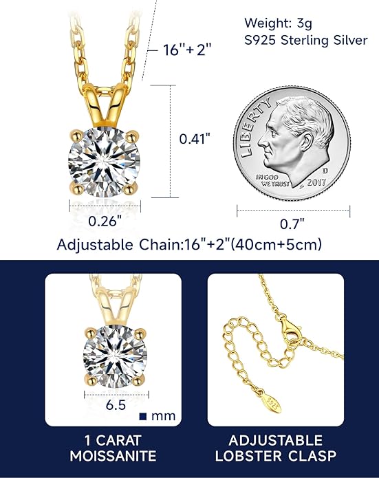 MomentWish Moissanite Solitaire Pendant Necklaces for Women Sterling Silver 0.3/0.5/1/2-Carat D Color VVS1 Clarity Mossanite Jewelry for Women