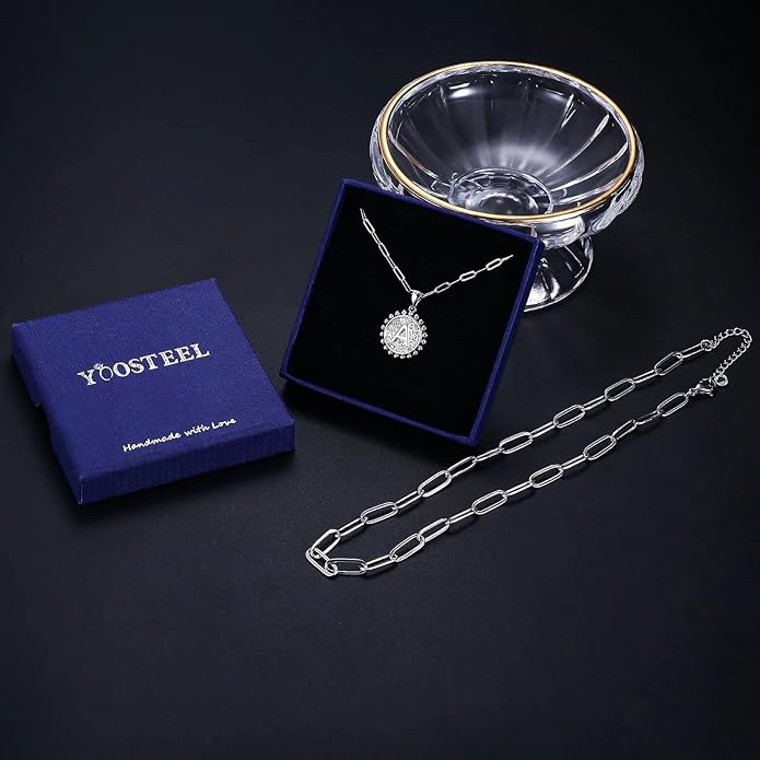 Yoosteel Gold Initial Necklaces for Women, 14K Gold Plated Dainty Layering Paperclip Link Chain Necklace Coin Initial Layered Necklaces for Women Personalized Birthday Gifts