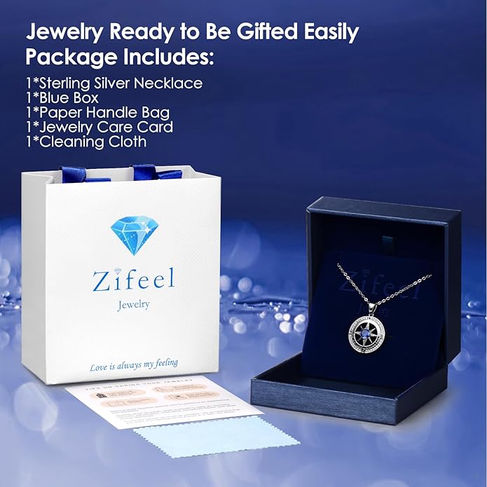 Zifeel Compass Necklace Gifts for Women wife - S925 Sterling Silver Birthstone Necklaces for Women - Anniversary Birthday Gifts for Her Wife Girlfriend - Valentines Mom Mothers Day Christmas Gifts Jewelry for Women