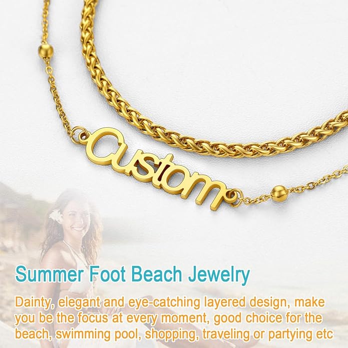 U7 Custom Layered Ankle Bracelets for Women Stainless Steel Bead/Cuban/Figaro/Rope/Wheat Chain Anklet Waterproof Anklet Jewelry for Beach Vacation