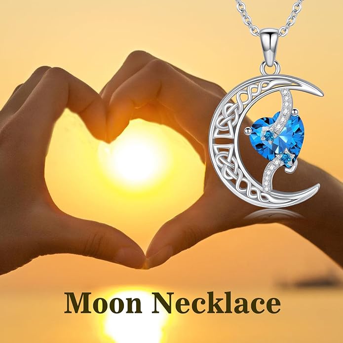 TOUPOP Moon and Star Birthstone Necklace for Women 925 Sterling Silver Celtic Moon Jewelry Birthday Christmas Gifts for Her Girlfriend