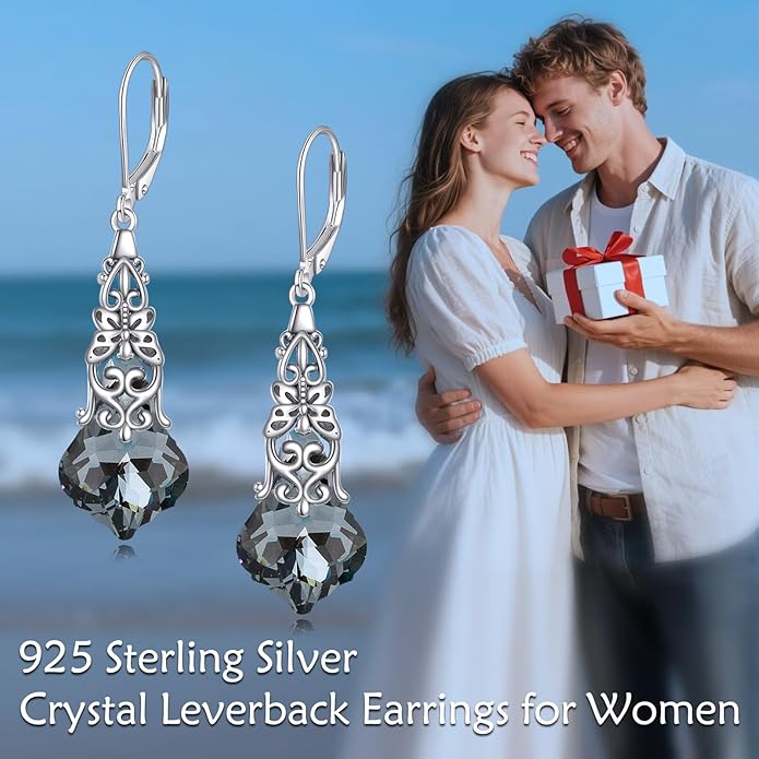 Austrian Crystal Dangle Drop Leverback Earrings for Women 925 Sterling Silver Vintage Oxidized Butterfly Filigree Hypoallergenic Jewelry