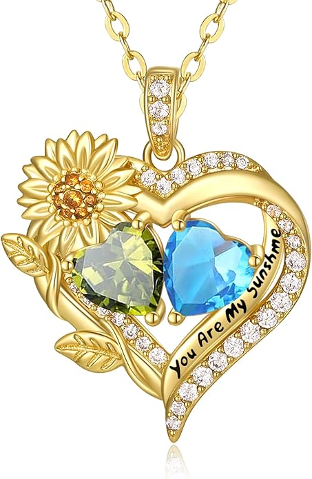 Sunflower Heart Necklace for Women 14K Gold Exquisite Anniversary Birthday Gifts for Wife Mother Her Double Birthstone Pendant jewelry‘You Are My Sunshine’