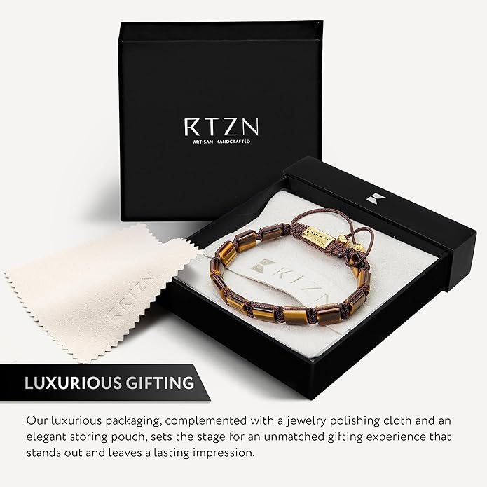 RTZN® Tigers Eye Bracelet for Men – Premium Artisan Handcrafted Golden Brown Tiger Eye Bead Bracelets – Natural Stone Tiger Eye Bracelet Men – Beaded Bracelets for Men