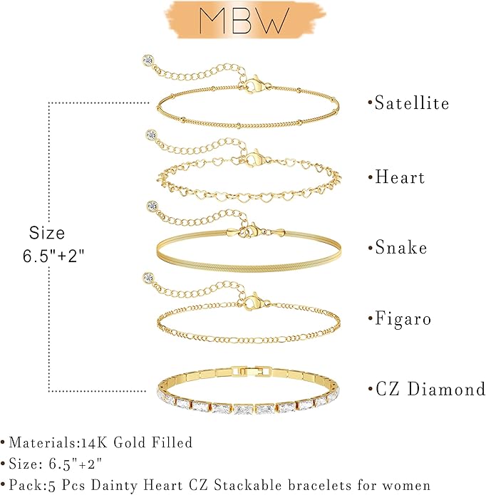 MBW Gold Bracelets for Women Trendy, Dainty 14K Gold Plated Bracelet Stack Beaded Chain Bracelet Set Thin Small Cute Paperclip Bracelets Fashion Waterproof Jewelry Gift Gold Accessories for Women