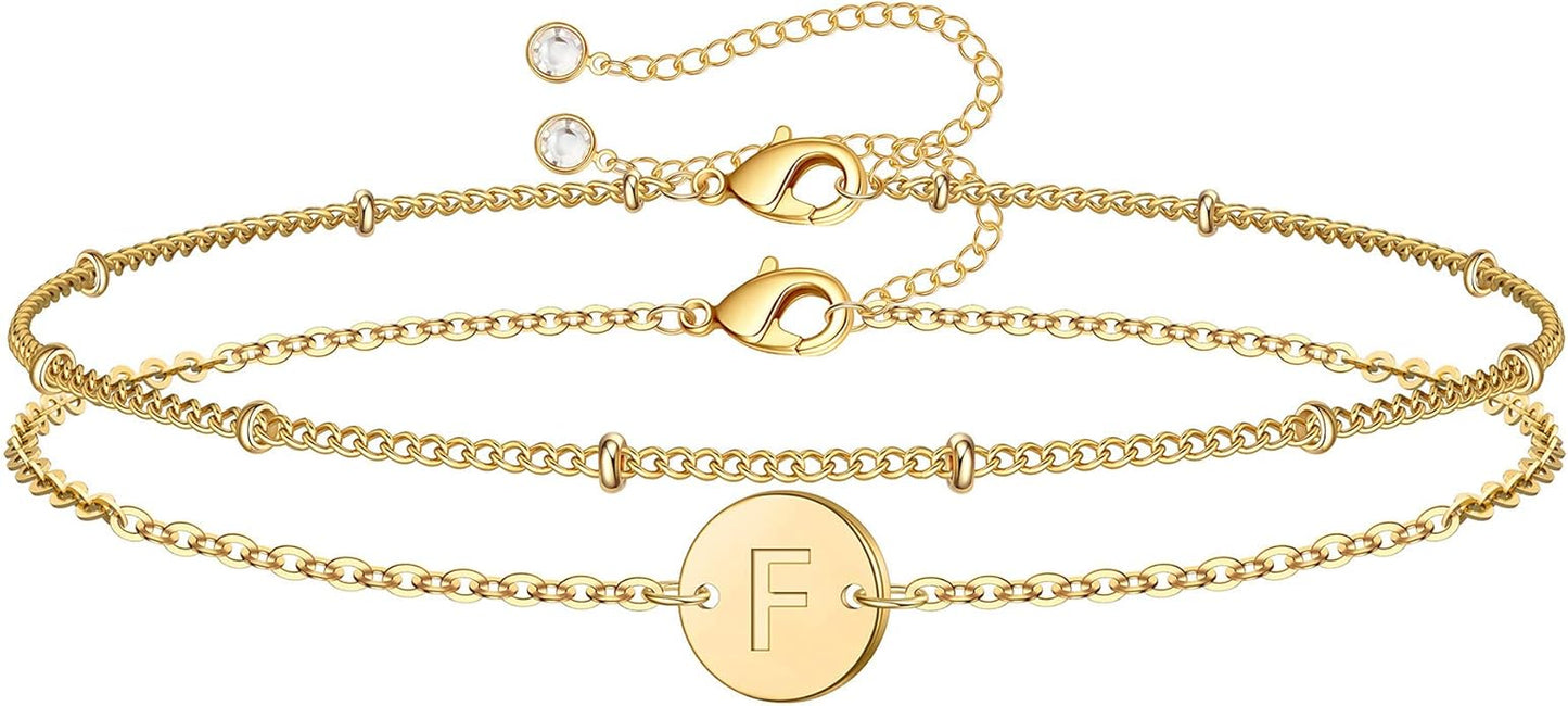 MONOZO Gold Initial Bracelets for Women Girls Christmas Gifts - Dainty 14K Gold Plated Layered Beaded Letter Initial Bracelet 26 Alphabet Disc Monogram Charm Bracelet Jewelry Christmas Gifts for Women