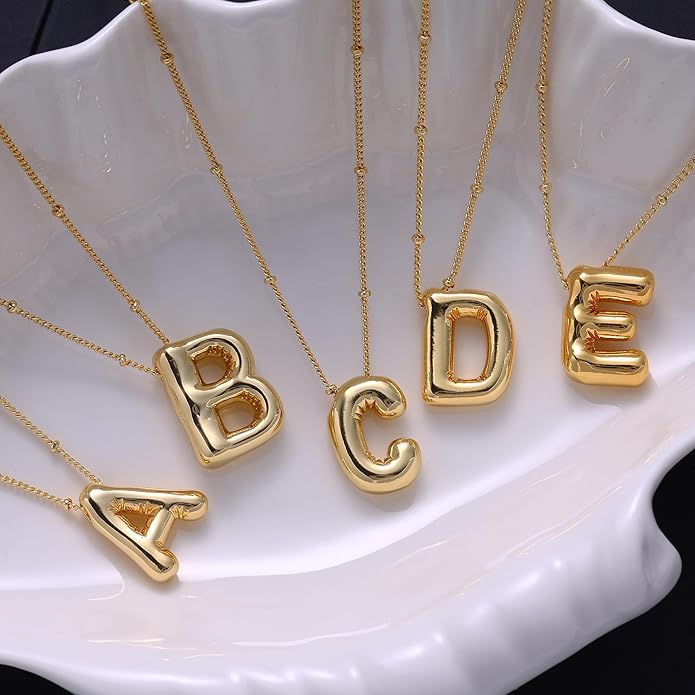 Initial Necklaces for Women, 14k Gold Plated Bubble Letter Necklace Chunky Gold Necklace Dainty Charm Initial Necklaces for Women Trendy Custom Preppy Stocking Stuff Necklace Christmas Gifts