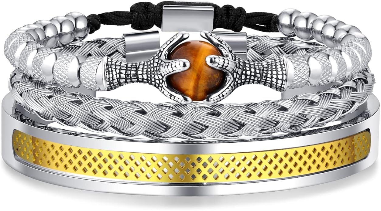 WFYOU 3PCS Stainless Steel Bracelets for Men Gold Roman Numeral Bangle Bracelet Twisted Cable Bracelet Adjustable Cuff Bracelet Mens Luxury Jewelry Bracelets Gifts