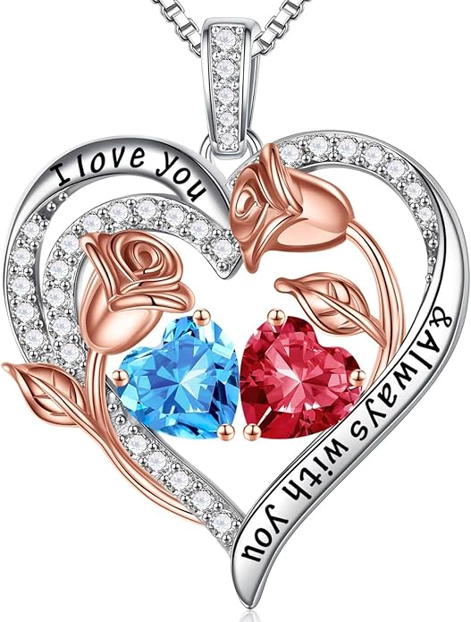 Iefil Birthstone Necklace for Women - 925 Sterling Silver Rose Heart Birthstone Necklace Birthday Anniversary Jewelry Gifts for Her Wife Mom Daughter
