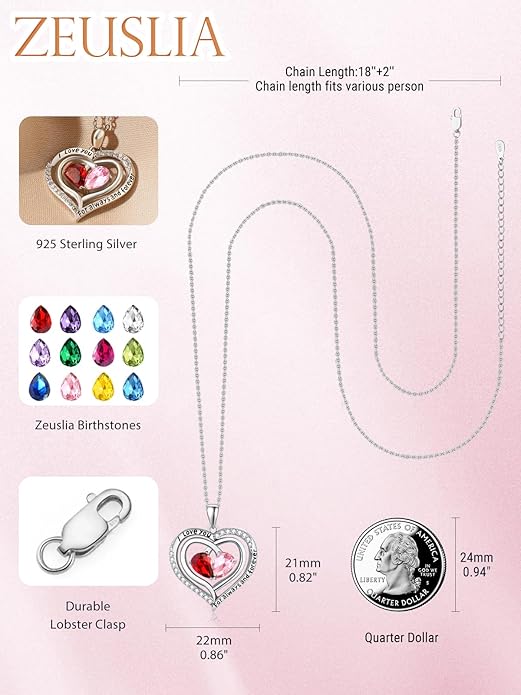 Zeuslia Double Birthstone Necklace Gifts for Wife - 925 Sterling Silver Sunflower/Rose/Crown Cross/Compass/Heart Pendant I Love You Necklace, Anniversary Birthday Gifts for Wife Girlfriend Mom Her