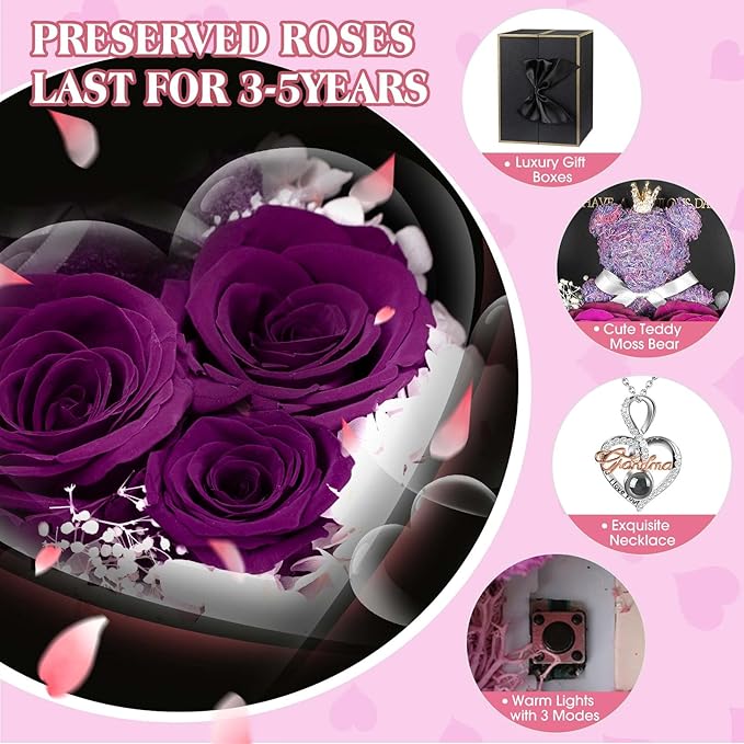 ADDWel Great Gifts for Grandma, Preserved Real Roses with I Love You 100 Languags Grandma Necklace, Cute Bear and Meaningful Eternal Roses for Grandmother Nana Birthday