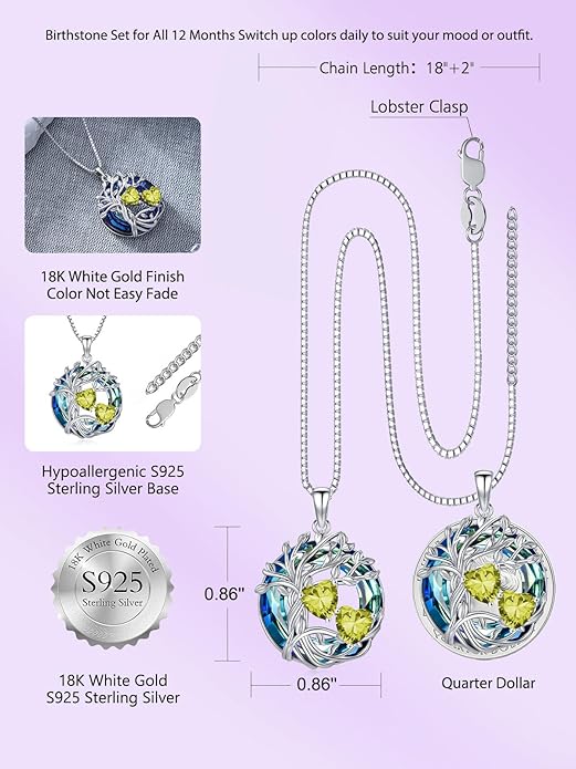 TOUPOP s925 Sterling Silver Family Celtic Tree of Life Pendant Necklaces with 2 Heart Birthstone with Blue Austrian Crystal Jewelry Birthday Anniversary Christmas Gifts for Her Wife Girlfriend Mom (18K Real White Gold Filled)
