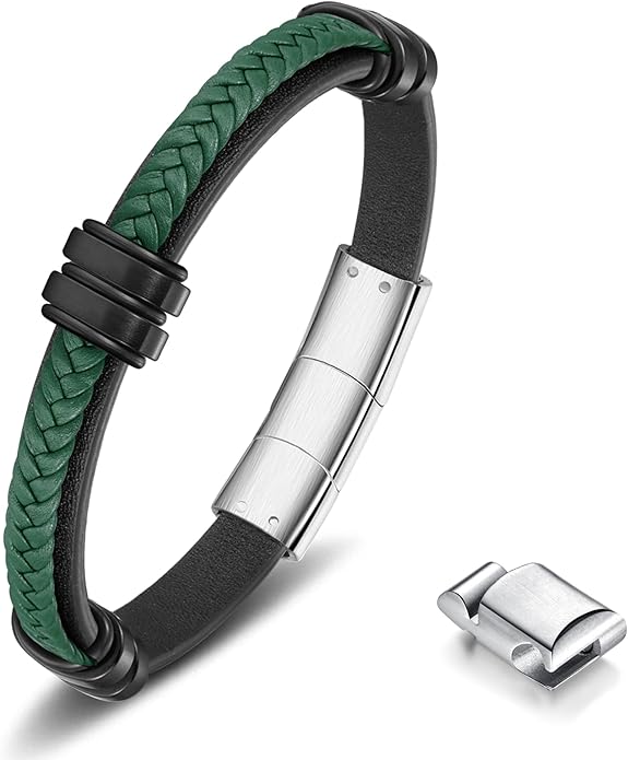 Leather Bracelet for Men with Adjustable Stainless Steel Magnetic Clasp Multi-Layer Braided Mens Leather Bracelet