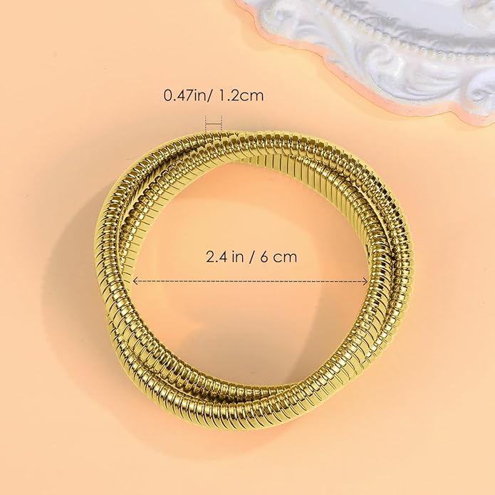 Emibele Gold Bangles Bracelet Set for Women, 18K Gold Plated Chunky Stainless Steel Non Tarnish Stretch Bracelet Stack, Flexible Wide Wristband Bangle Layered Snake Chain Bracelets