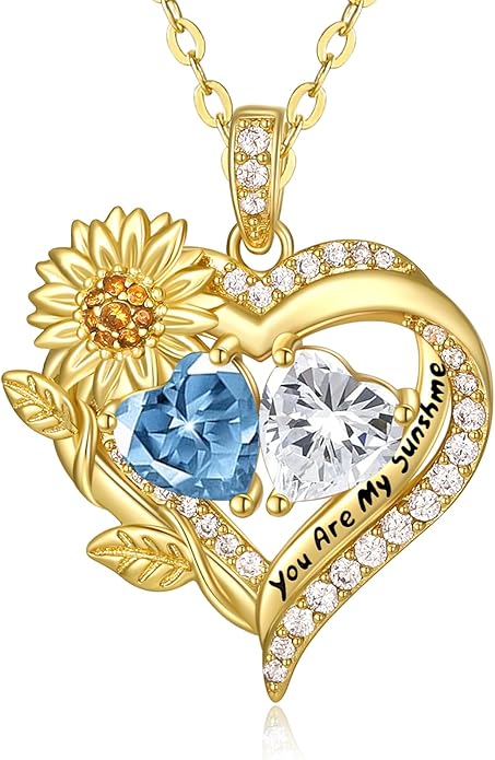 Sunflower Heart Necklace for Women 14K Gold Exquisite Anniversary Birthday Gifts for Wife Mother Her Double Birthstone Pendant jewelry‘You Are My Sunshine’