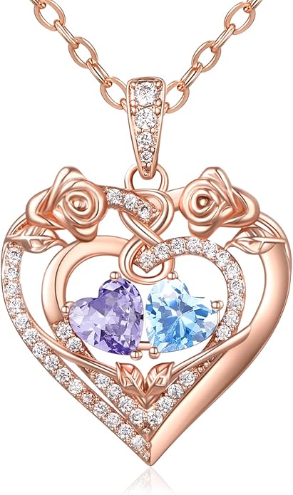 JIYVY32 Rose Heart Necklace for Women Exquisite 925 Sterling Silver Anniversary Birthday Gifts for Wife Mom Her Double Birthstone Pendant Jewelry