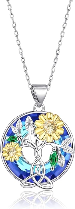 Tree of Life Pendnat Sunflower/Celtic Necklace with Blue Crystal Tree Jewelry Gifts for Women