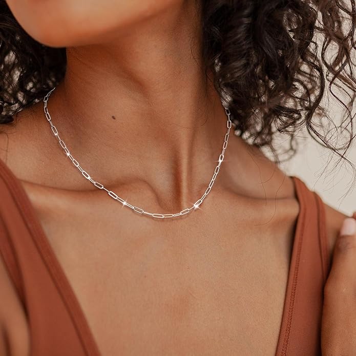 MBW Silver Paperclip Chain Necklace for Women,Dainty Sterling Silver Choker Necklaces for Women Trendy Simple Long Chunky Minimalist Waterproof Link Necklace Jewelry Gifts for Women 16/18/20 in