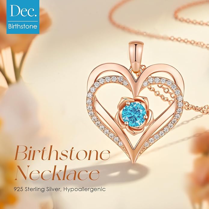CDE Christmas Gifts for Women S925 Silver Rose Gold Heart Birthstone Necklaces for Women，Ideal Anniversary or Birthday Jewelry Gifts for Wife Girlfriend Her